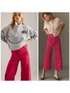 Anthropologie Maeve Colette Cropped Wide-Leg Corduroy Pants Raspberry High-Rise